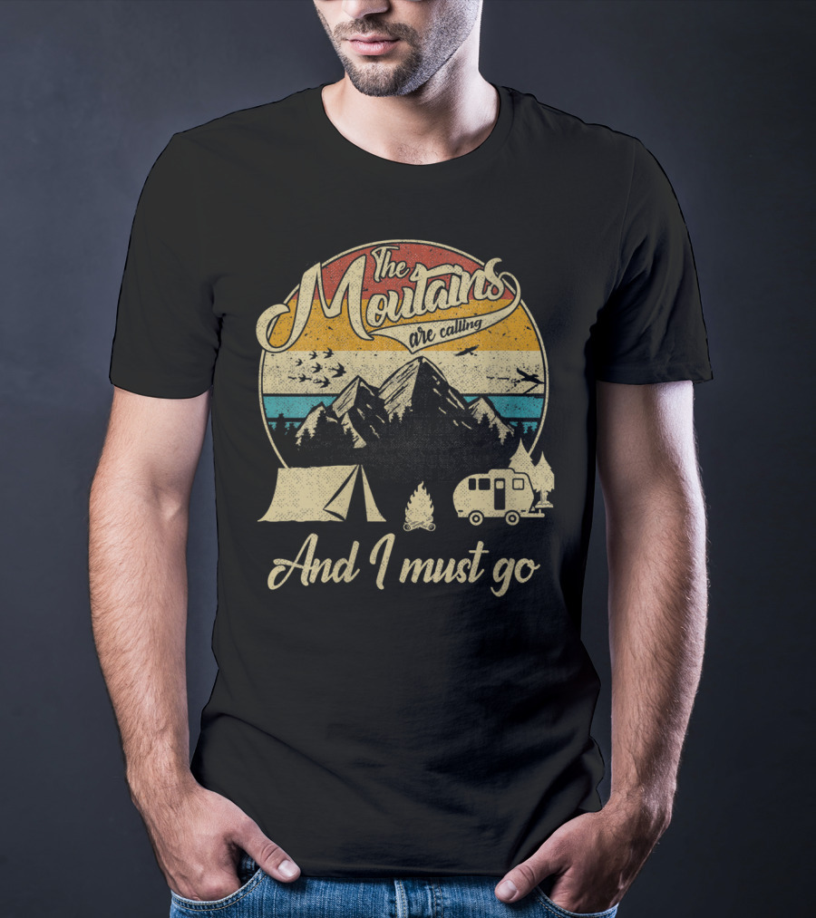 The Mountains Are Calling And I Must Go Vintage 80s Camping Scene T-Shirt