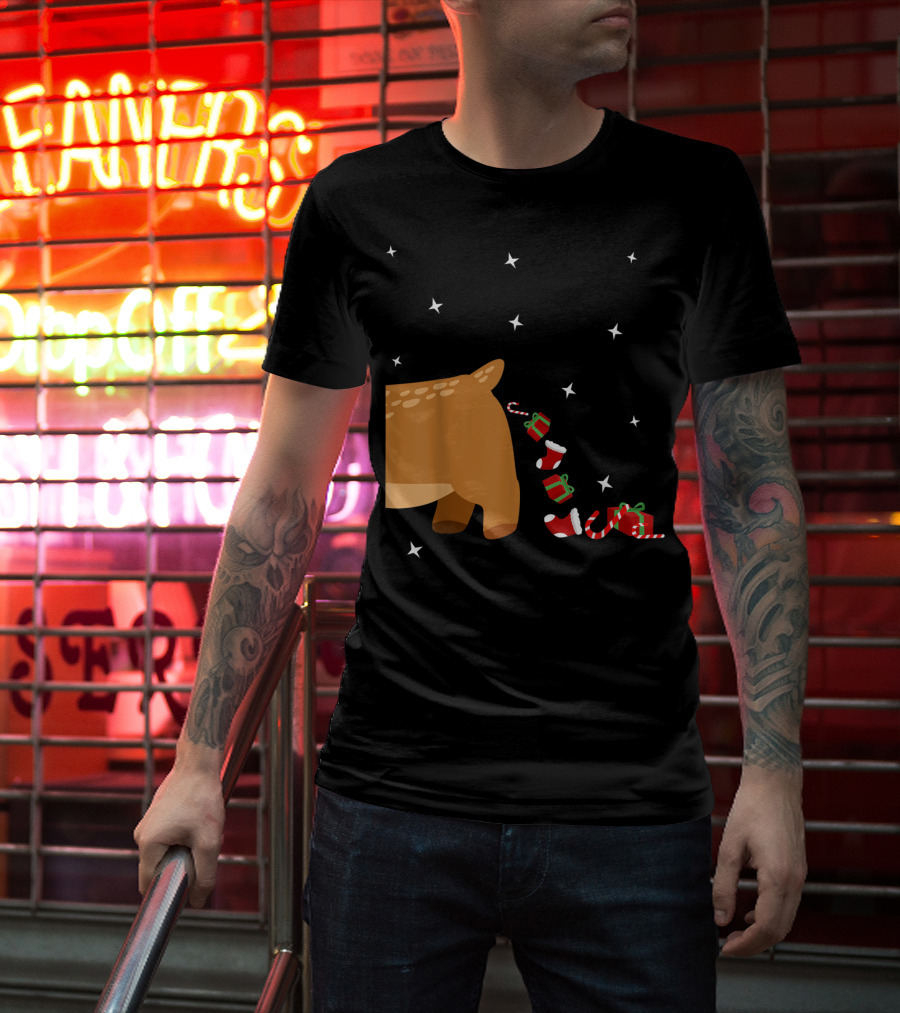 Xmas Sick Reindeer Costume Matching Couple With Stars And Falling Candy Cane Presents T-Shirt