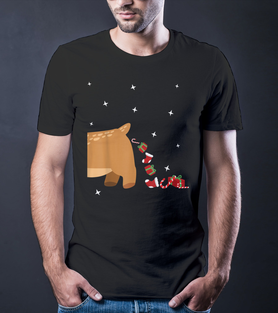 Xmas Sick Reindeer Costume Matching Couple With Stars And Falling Candy Cane Presents T-Shirt