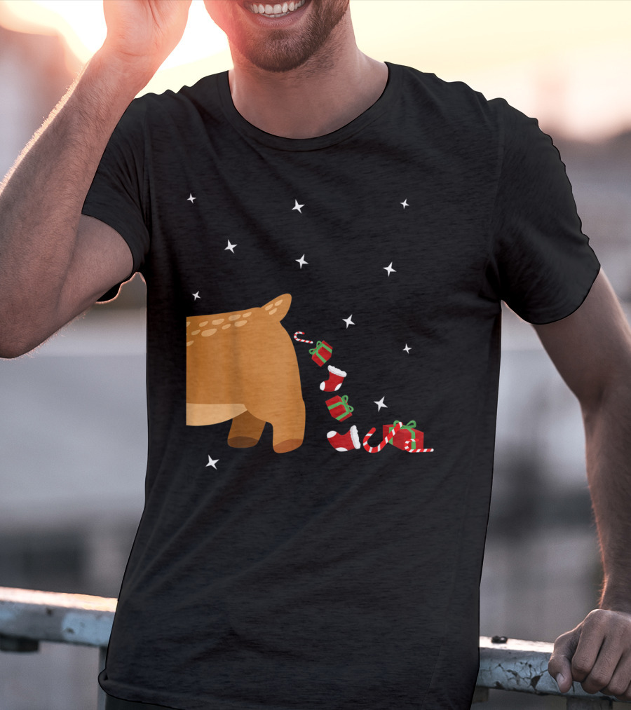 Xmas Sick Reindeer Costume Matching Couple With Stars And Falling Candy Cane Presents T-Shirt