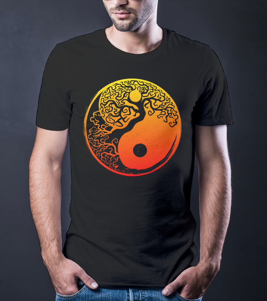 Yin Yang Bonsai Tree Japanese Golden Sun Circle T-Shirt