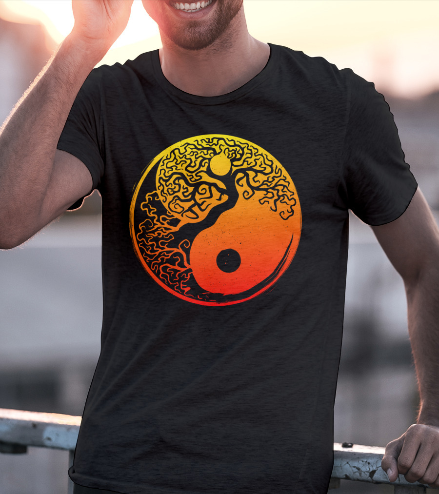 Yin Yang Bonsai Tree Japanese Golden Sun Circle T-Shirt