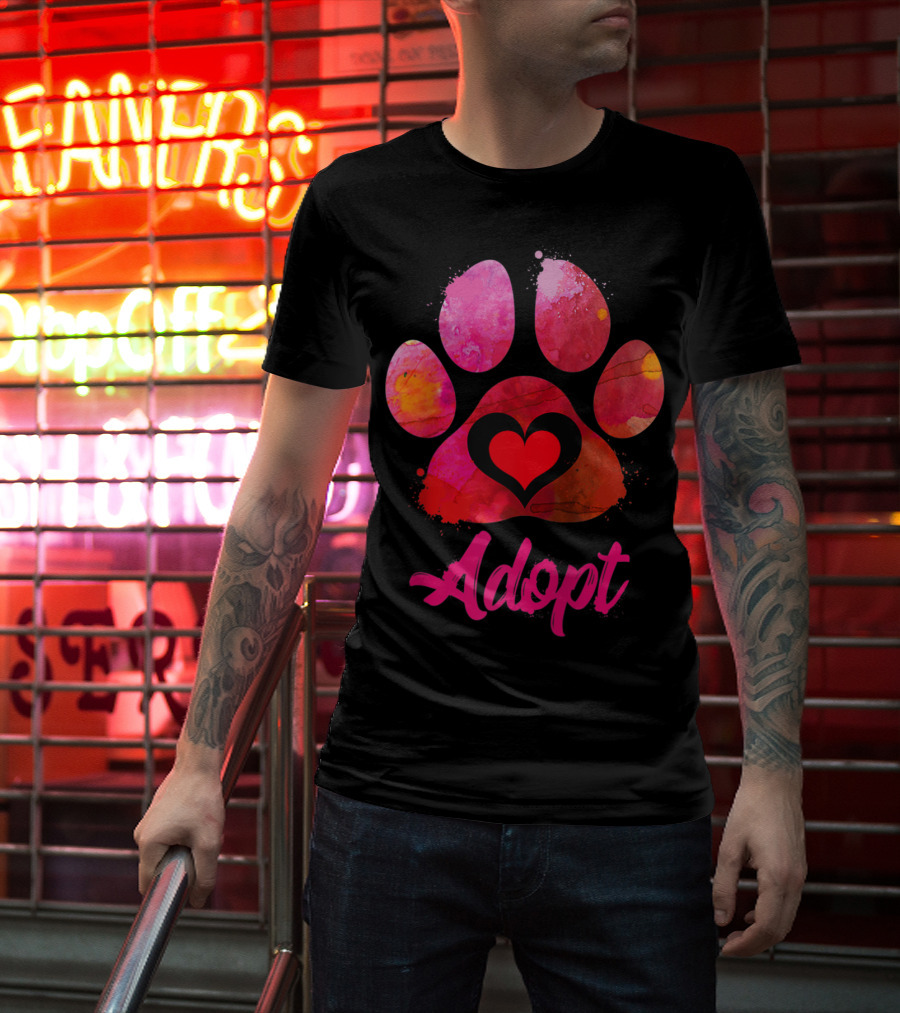 Adopt Love Watercolor Heart Paw Rescue Animal Lover T-Shirt