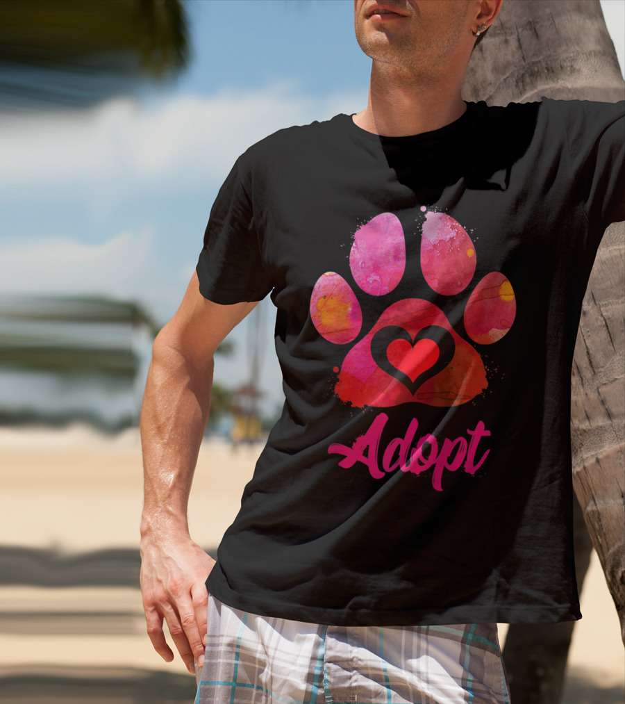 Adopt Love Watercolor Heart Paw Rescue Animal Lover T-Shirt