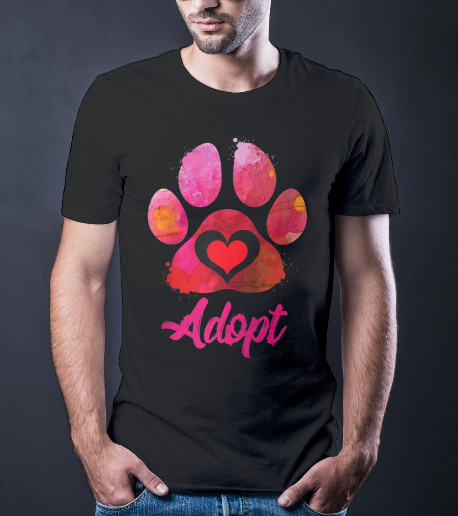 Adopt Love Watercolor Heart Paw Rescue Animal Lover T-Shirt