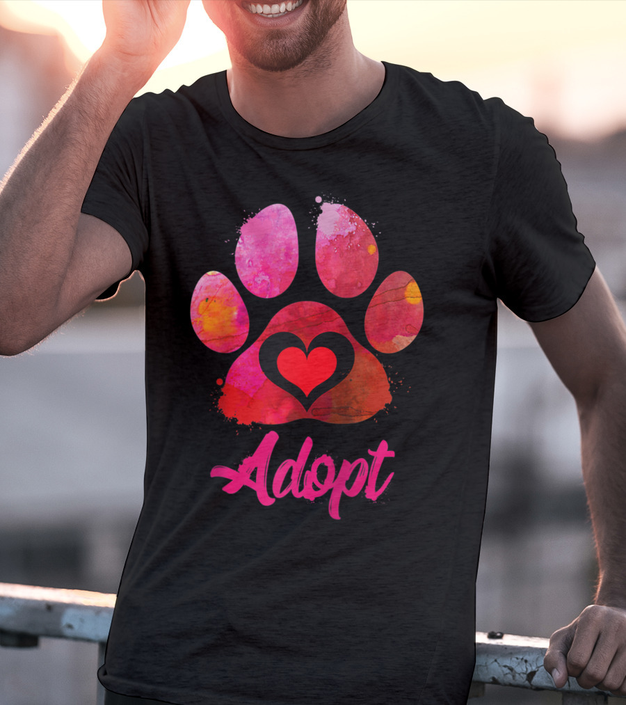 Adopt Love Watercolor Heart Paw Rescue Animal Lover T-Shirt