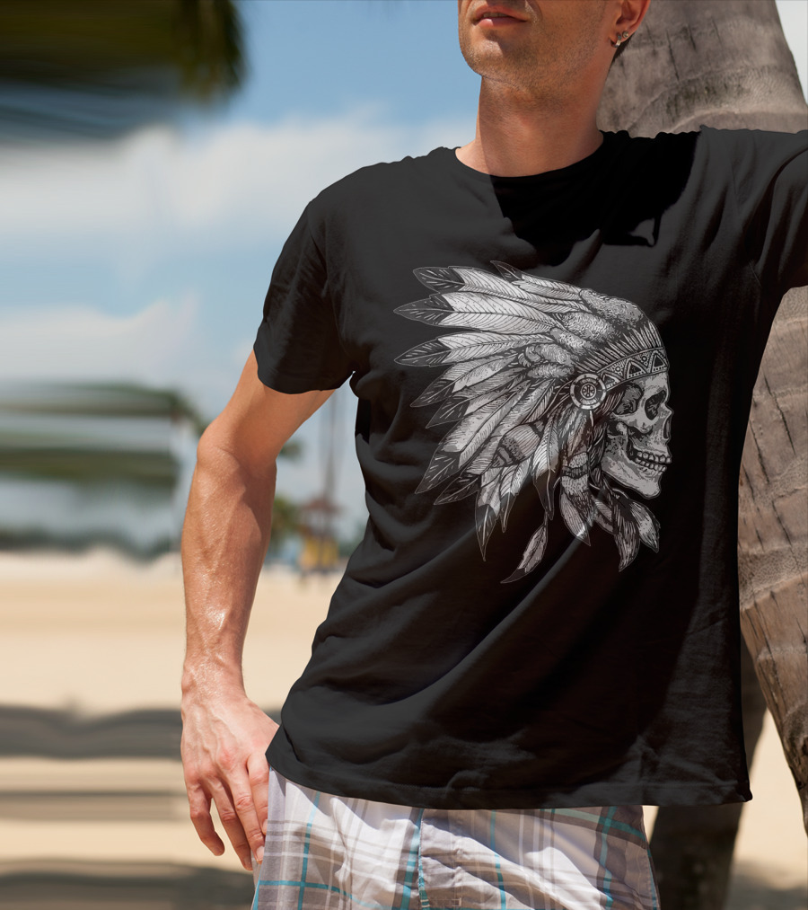 American Motorcycle Skull With Native Indian Eagle Feather Headdress T-Shirt
