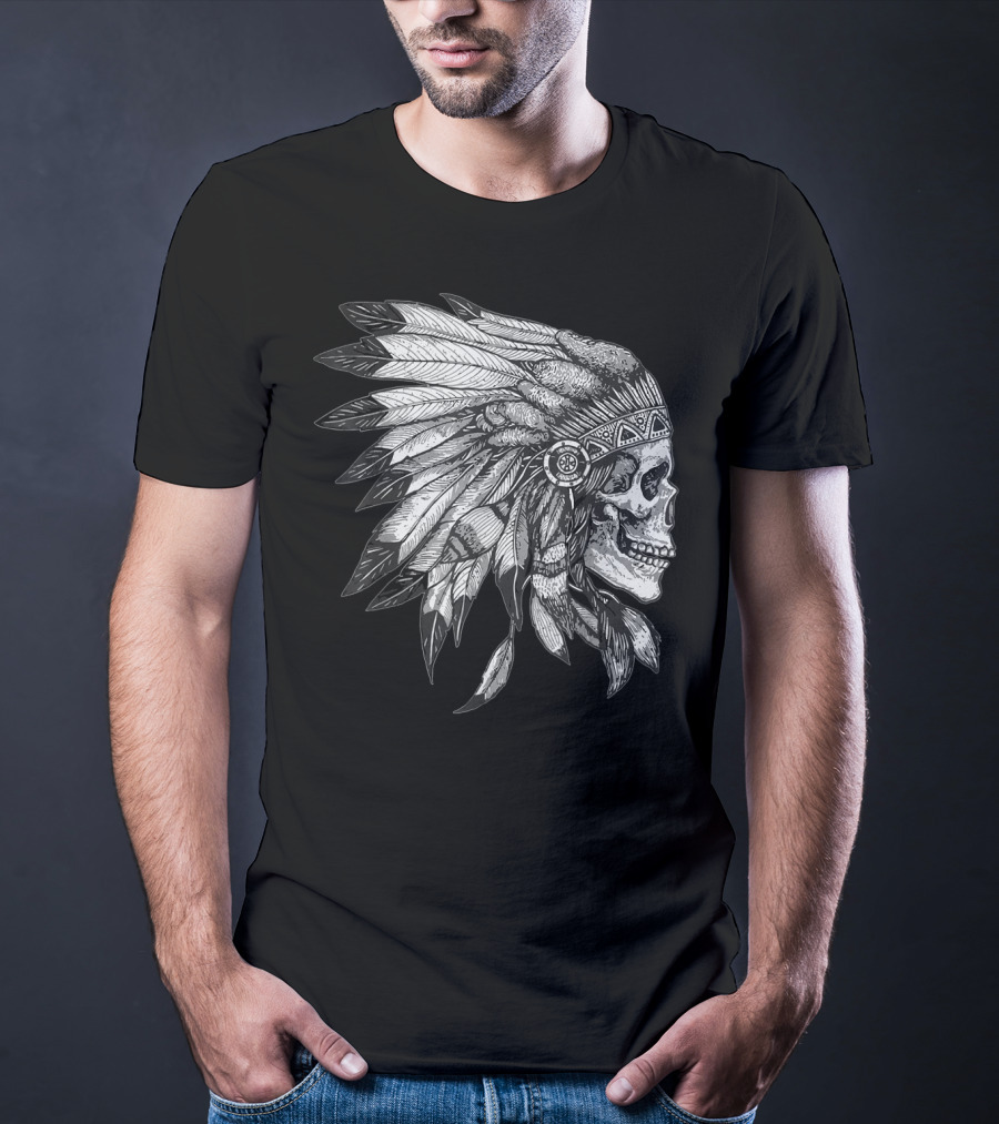 American Motorcycle Skull With Native Indian Eagle Feather Headdress T-Shirt