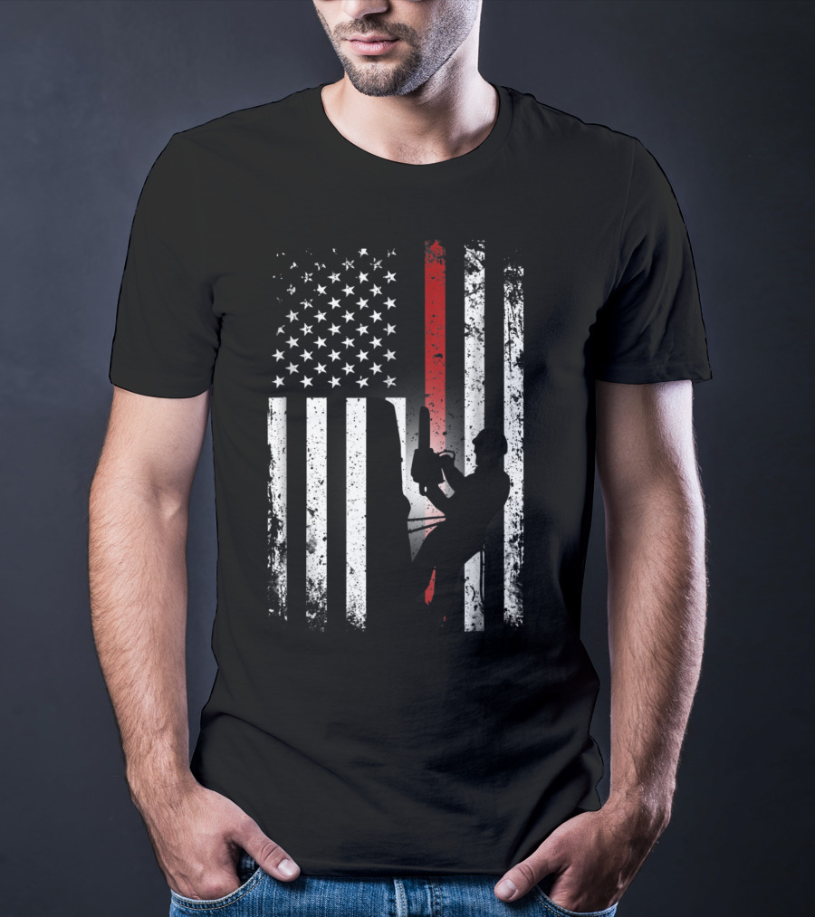Patriotic Arborist Distressed American Flag With Climber And Chainsaw T-Shirt