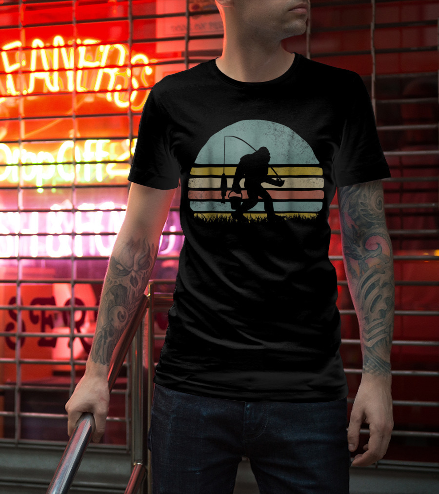 Awesome Bigfoot Fishing At Sunset Silhouette Retro Stripes T-Shirt
