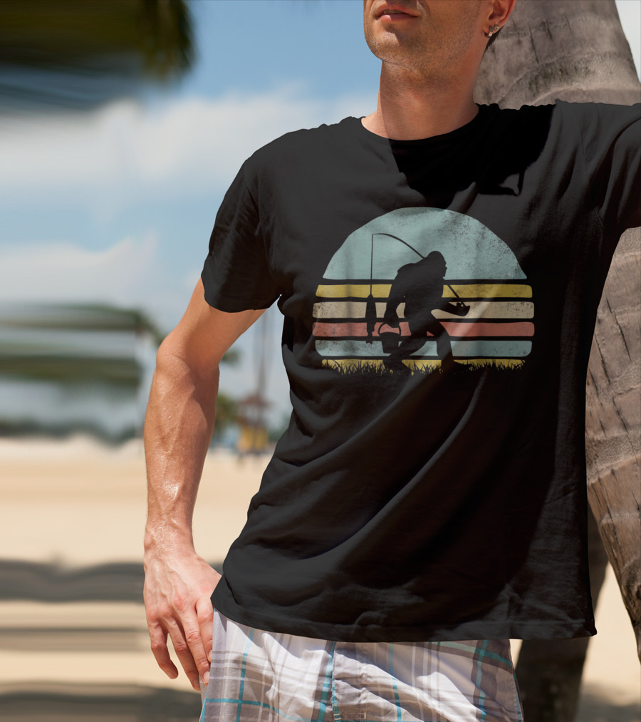 Awesome Bigfoot Fishing At Sunset Silhouette Retro Stripes T-Shirt