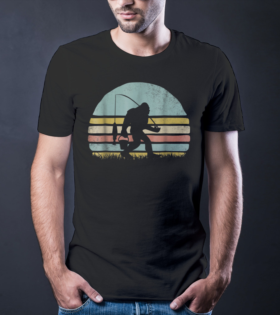 Awesome Bigfoot Fishing At Sunset Silhouette Retro Stripes T-Shirt