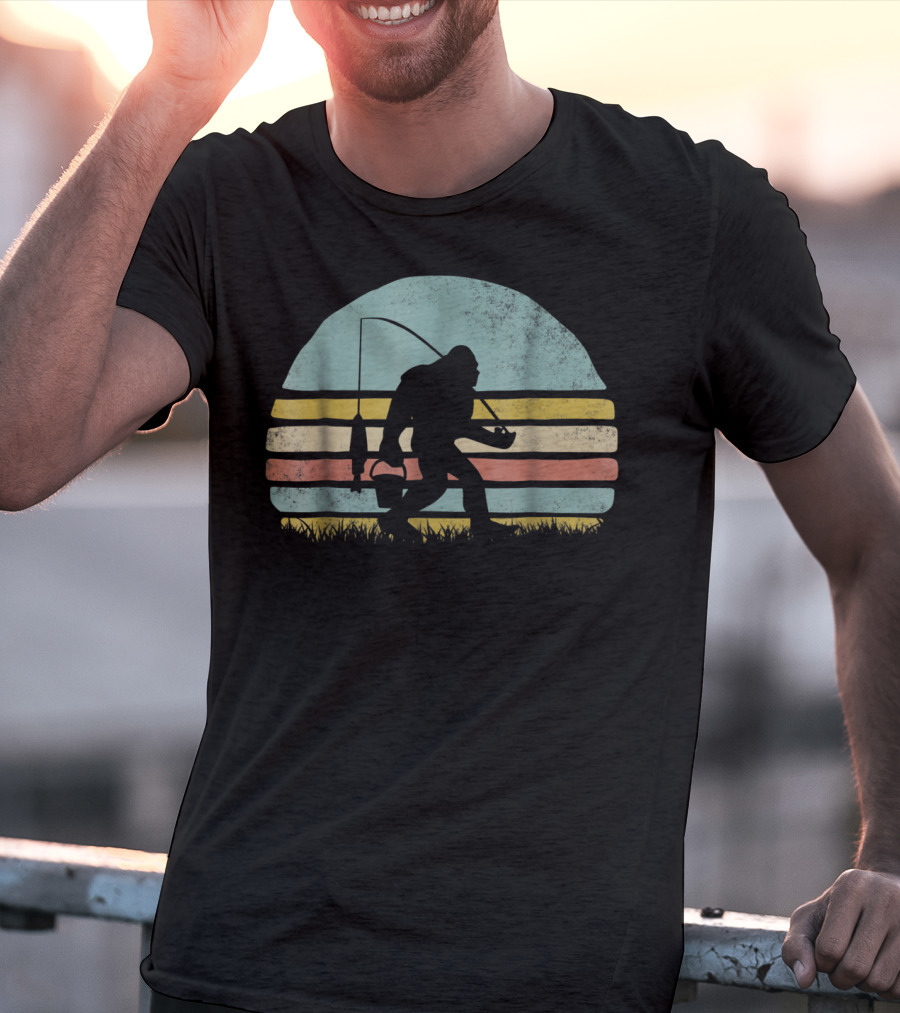Awesome Bigfoot Fishing At Sunset Silhouette Retro Stripes T-Shirt