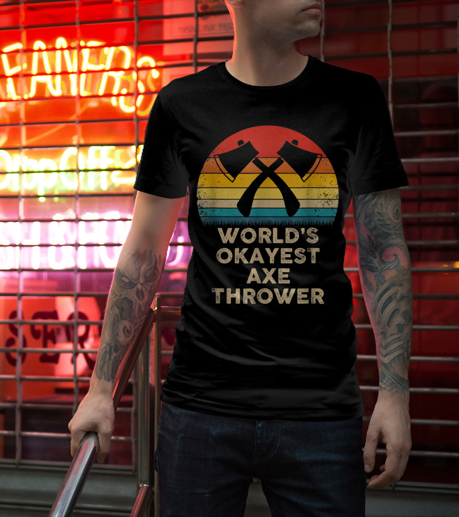 World's Okayest Axe Thrower Retro Axes Crossed Sunset T-Shirt
