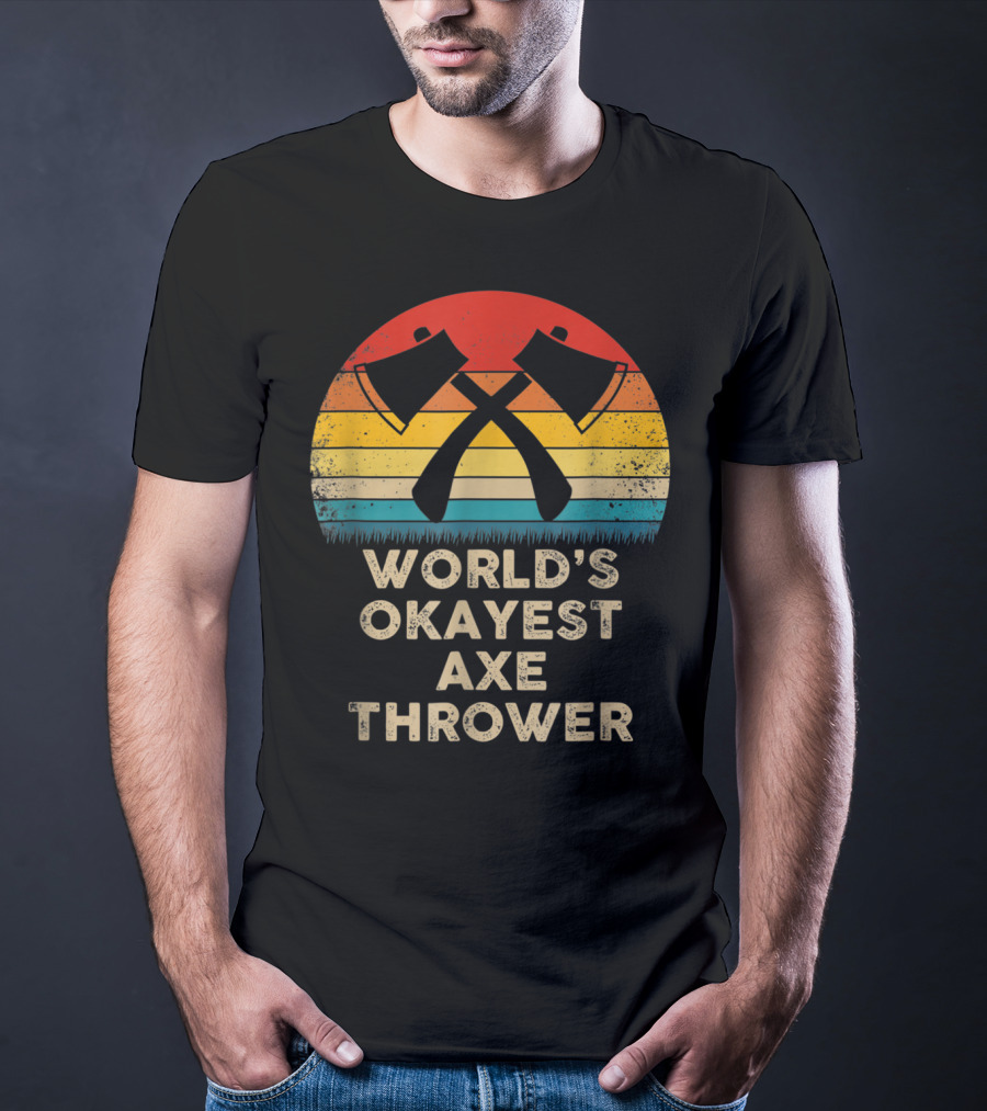 World's Okayest Axe Thrower Retro Axes Crossed Sunset T-Shirt
