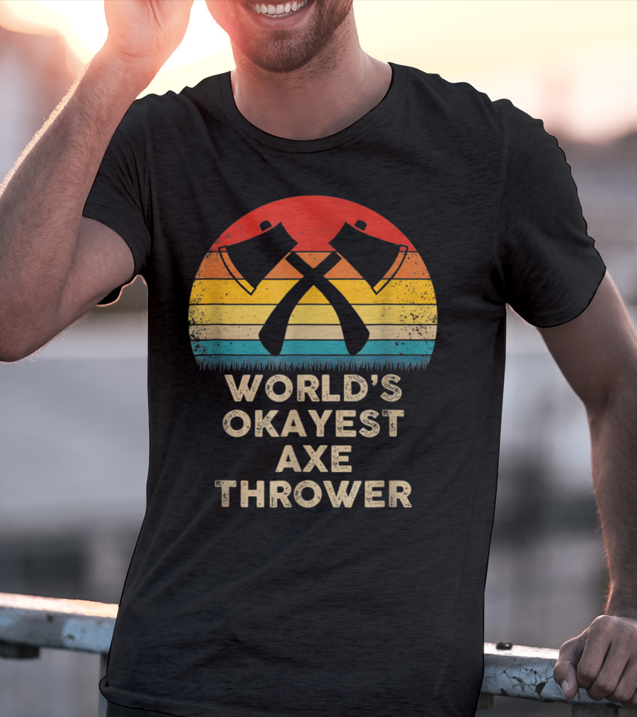 World's Okayest Axe Thrower Retro Axes Crossed Sunset T-Shirt