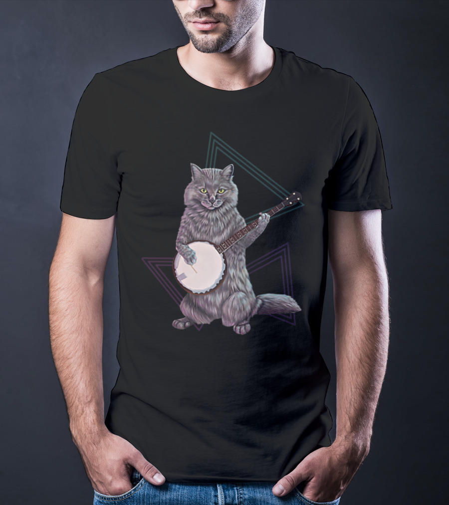 Banjo Cat Rock Kitty Playing The Banjo Triangular Neon Background T-Shirt