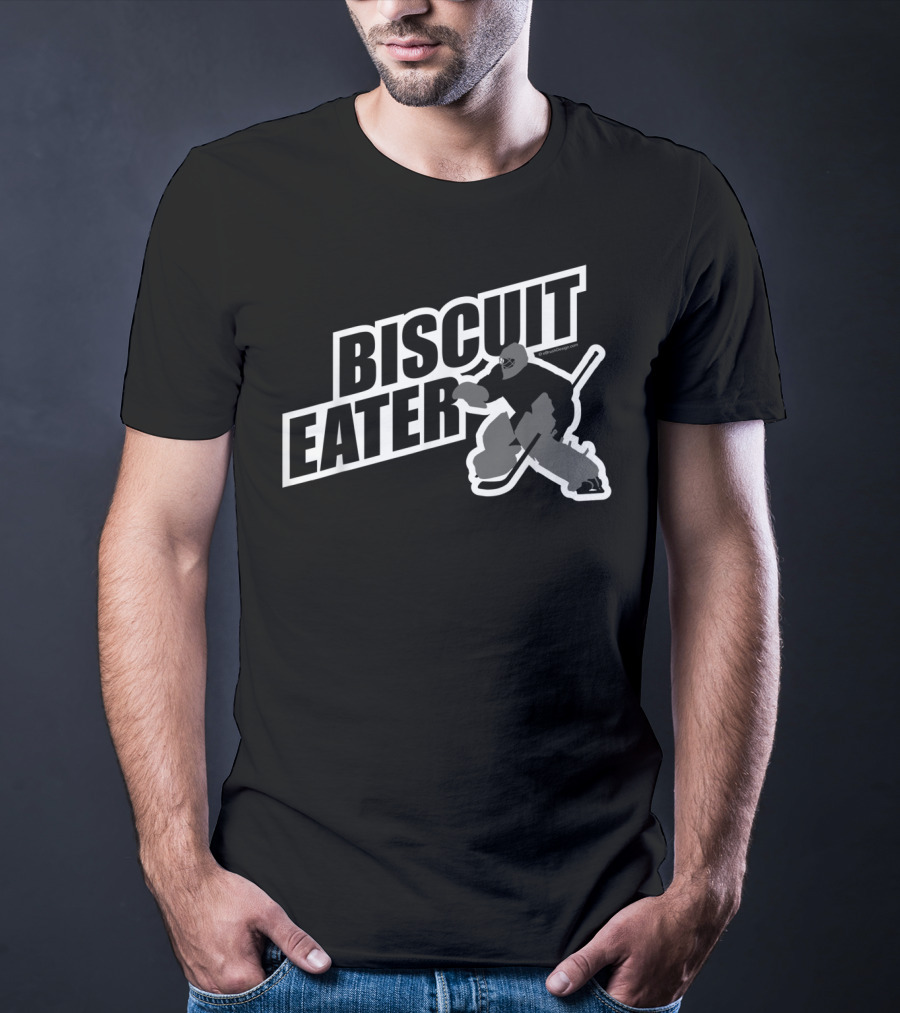 Biscuit Eater Hockey Goalie Retro Style Block Text With Silhouette Of Ice Hockey Player In Action T-Shirt