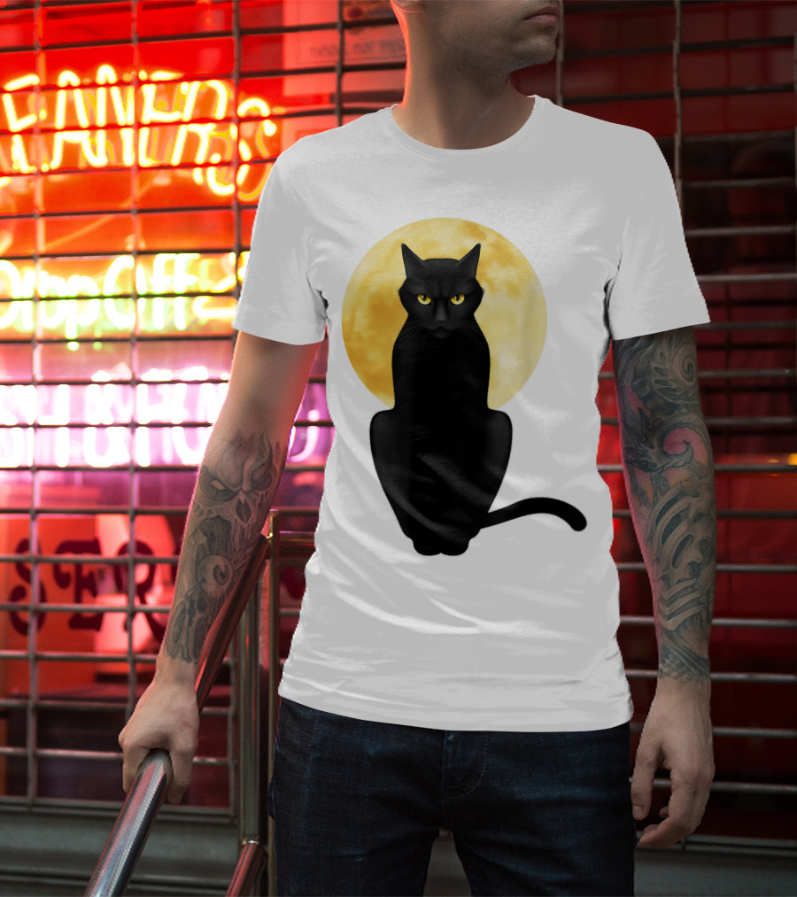 Black Cat Yellow Eyes Full Moon T-Shirt