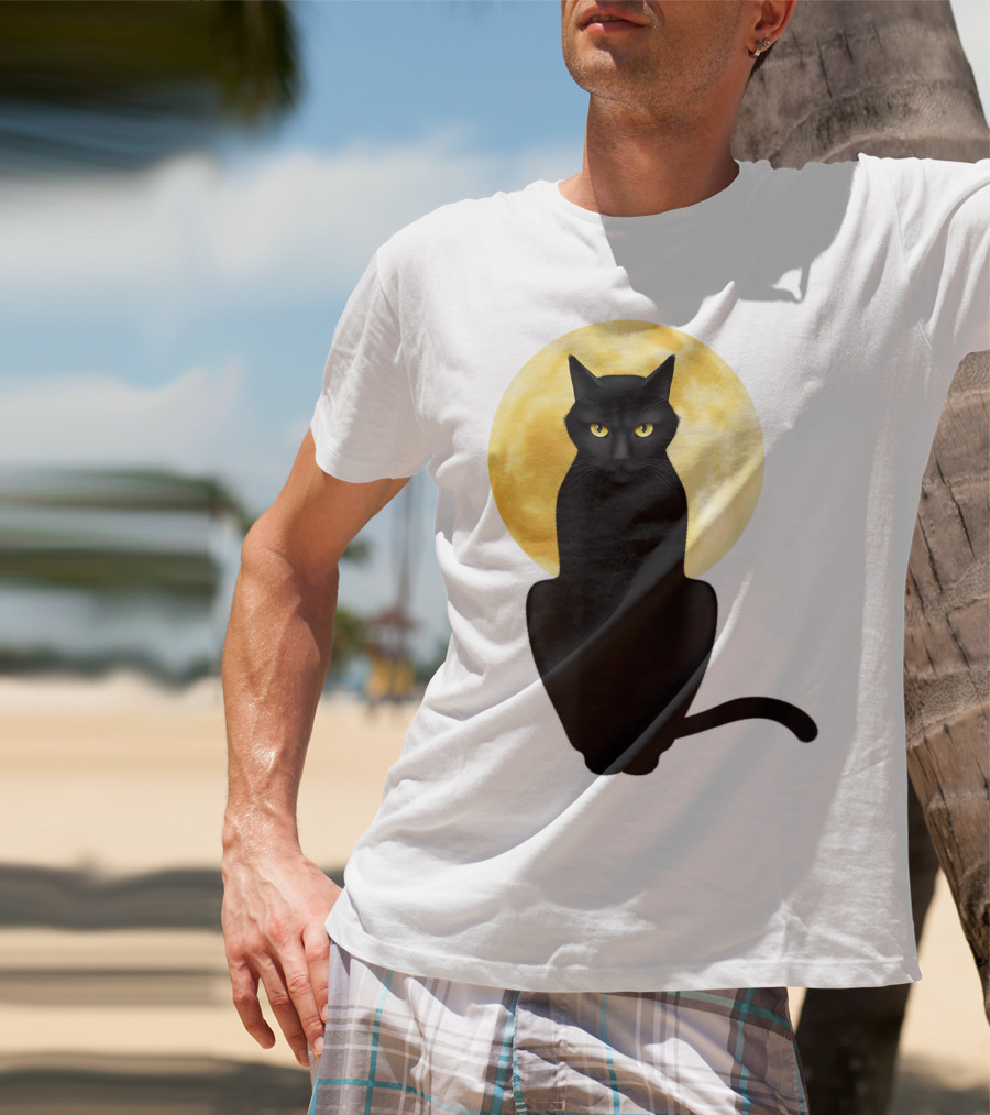 Black Cat Yellow Eyes Full Moon T-Shirt