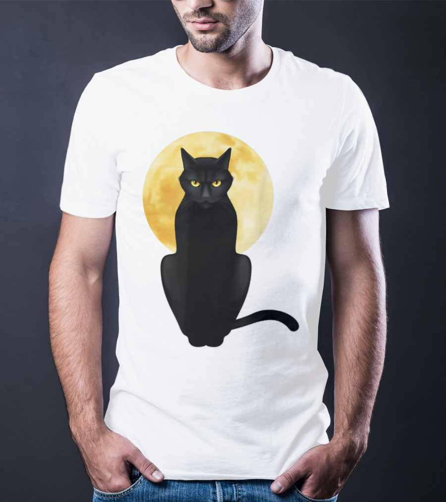 Black Cat Yellow Eyes Full Moon T-Shirt