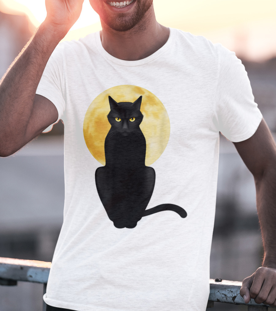 Black Cat Yellow Eyes Full Moon T-Shirt