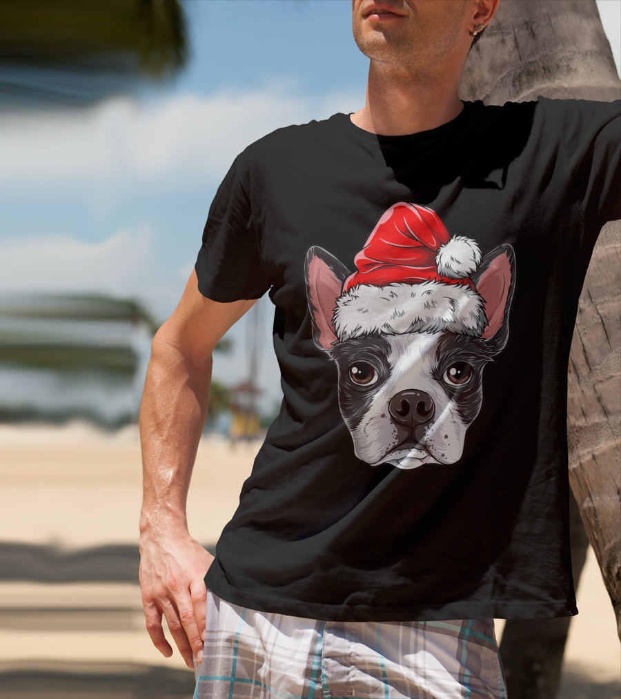 Boston Terrier Christmas Dog Santa Hat T-Shirt