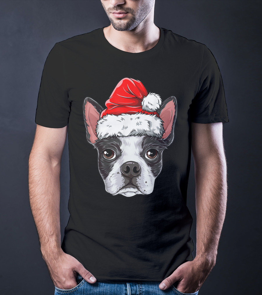 Boston Terrier Christmas Dog Santa Hat T-Shirt