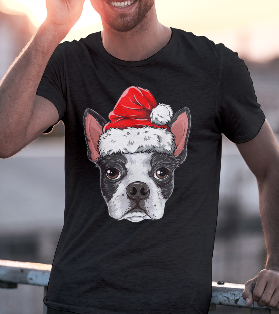 Boston Terrier Christmas Dog Santa Hat T-Shirt