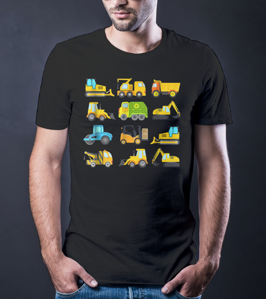 Boys' Colorful Construction Trucks And Diggers Vehicles Short Sleeved T-Shirt