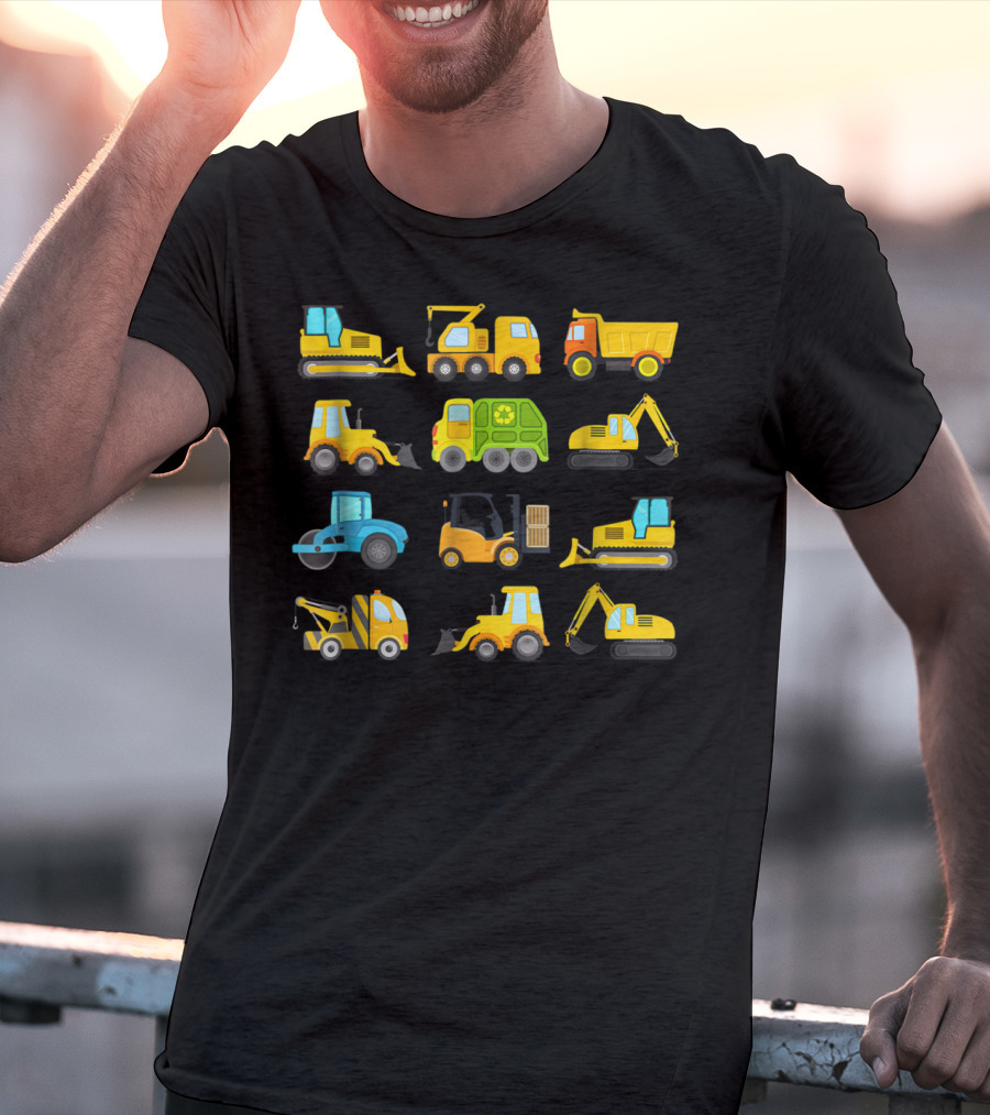 Boys' Colorful Construction Trucks And Diggers Vehicles Short Sleeved T-Shirt
