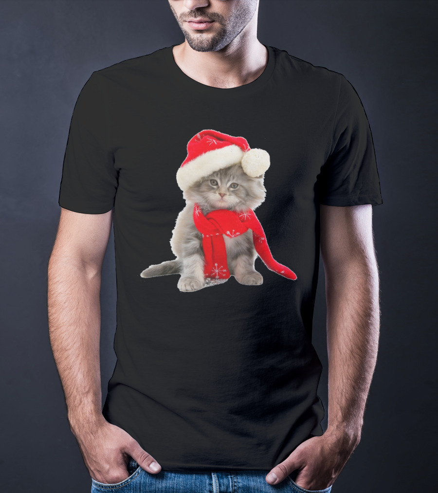 Cat Kitten In Santa Hat And Red Scarf T-Shirt