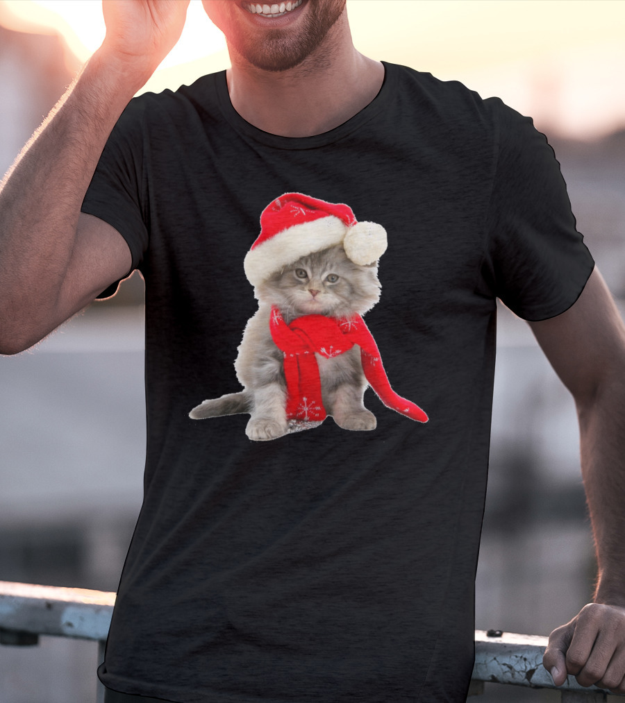 Cat Kitten In Santa Hat And Red Scarf T-Shirt