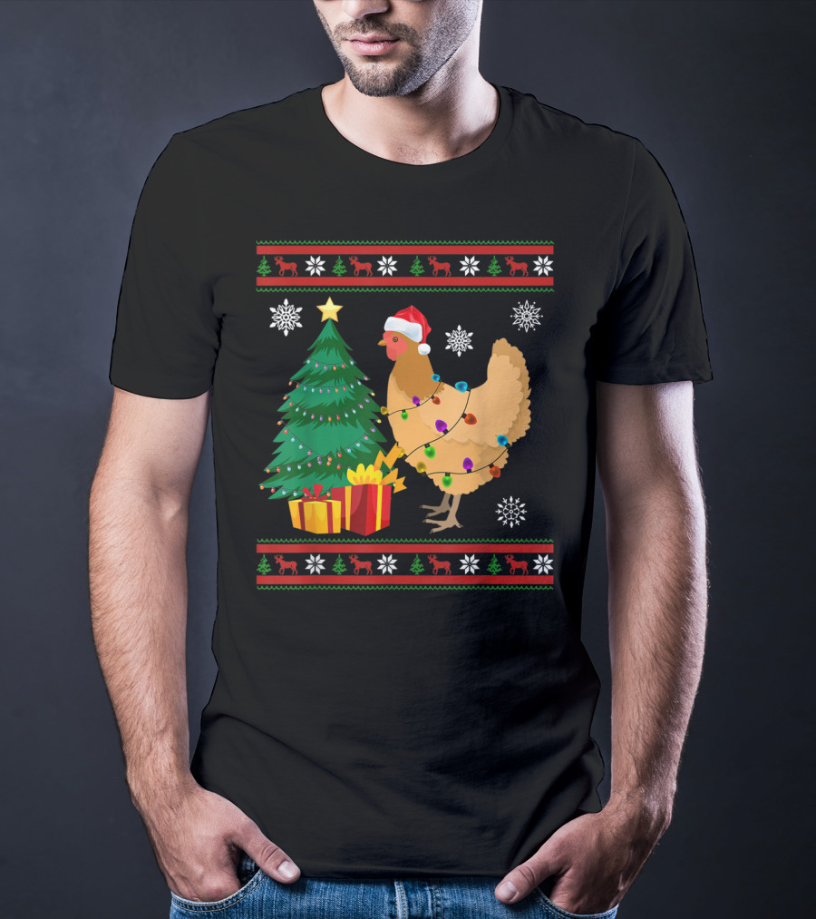 Chicken Christmas Decorations Santa Tree Snowflakes Reindeer T-Shirt
