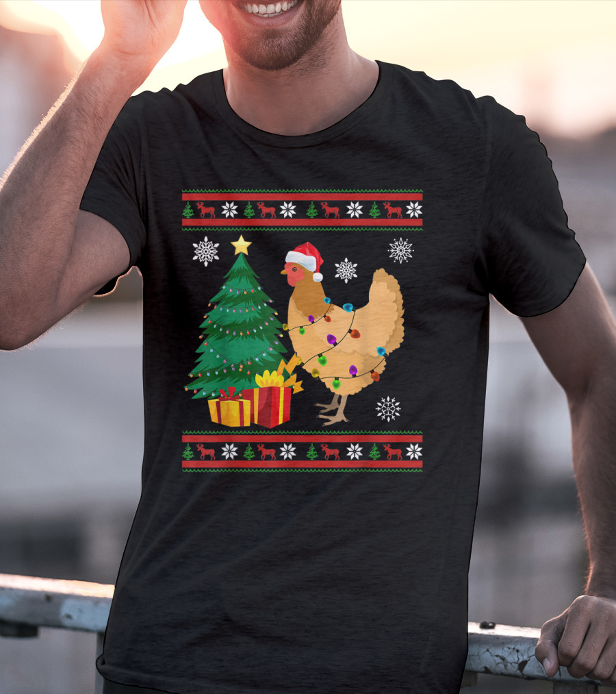 Chicken Christmas Decorations Santa Tree Snowflakes Reindeer T-Shirt