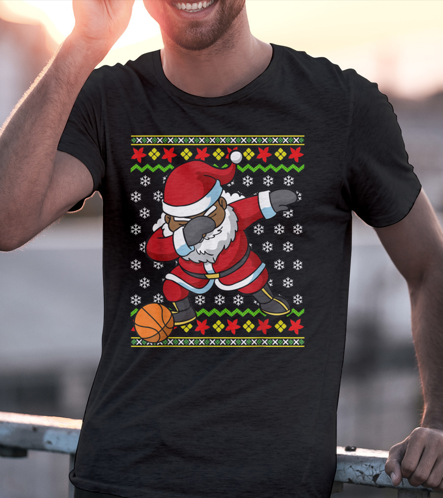 Christmas Black African American Santa Dabbing Basketball Ugly T-Shirt