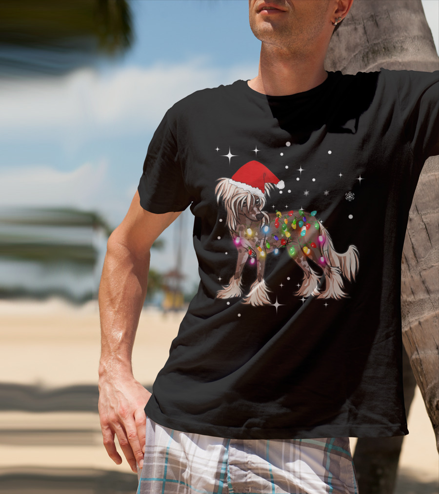 Christmas Lights Chinese Crested Dog With Santa Hat And Stars T-Shirt