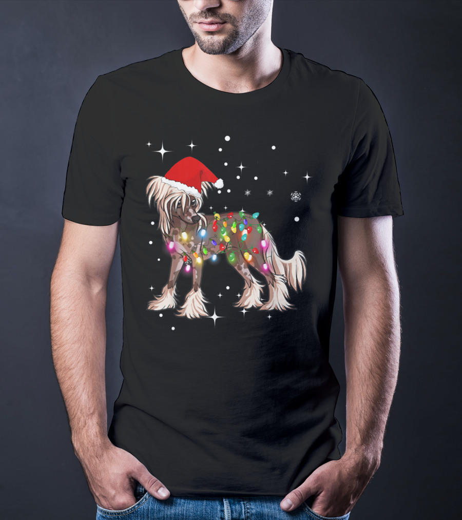 Christmas Lights Chinese Crested Dog With Santa Hat And Stars T-Shirt