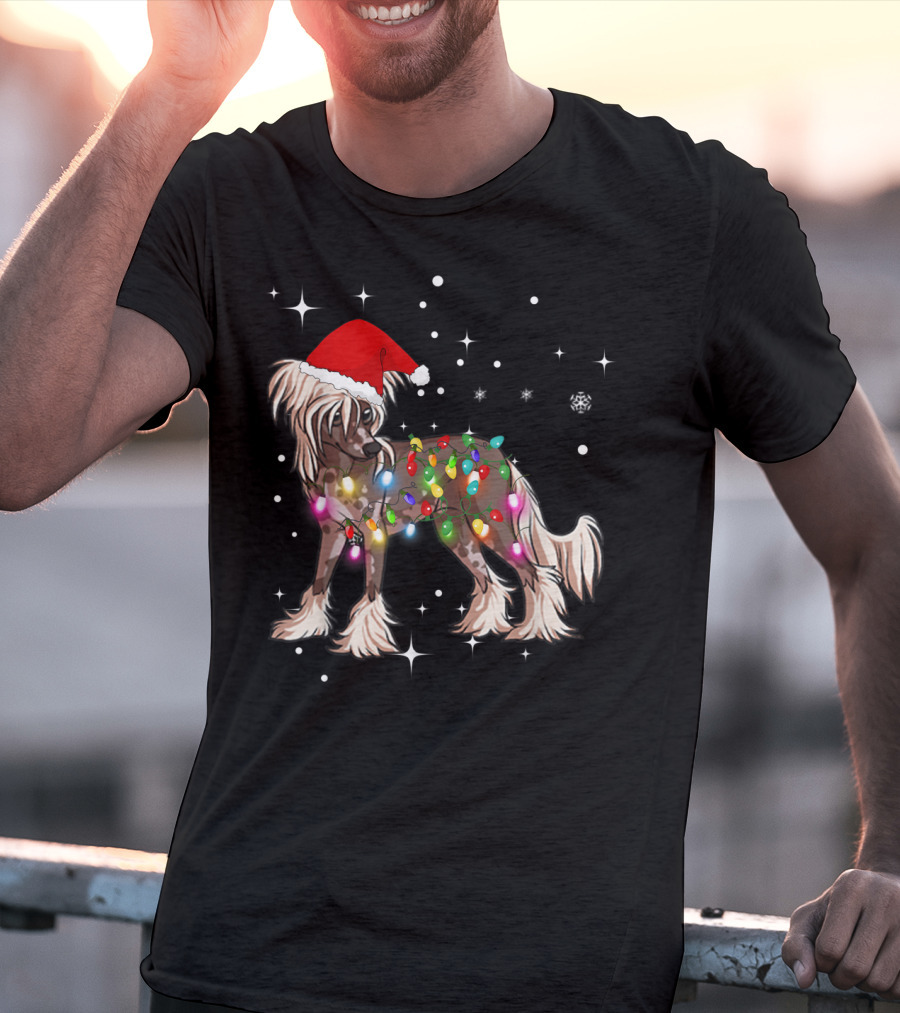 Christmas Lights Chinese Crested Dog With Santa Hat And Stars T-Shirt