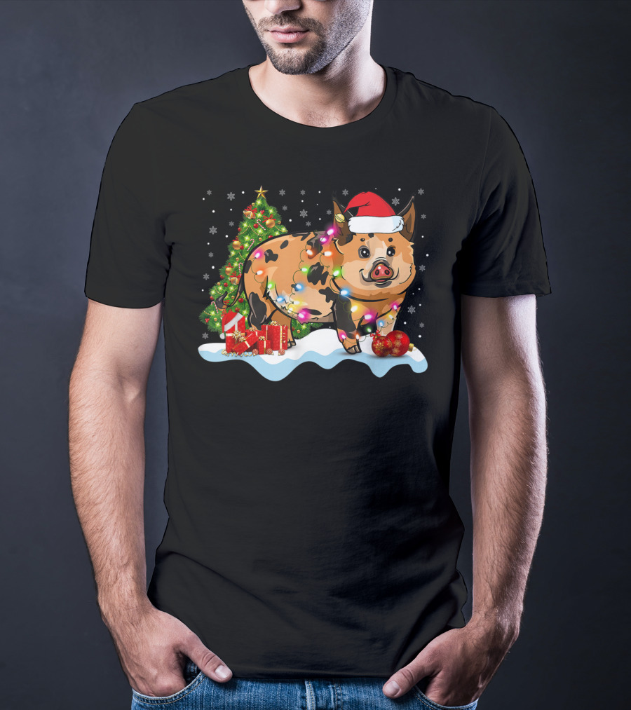 Kunekune Pig Santa Hat Christmas Tree Lights Snowflakes T-Shirt