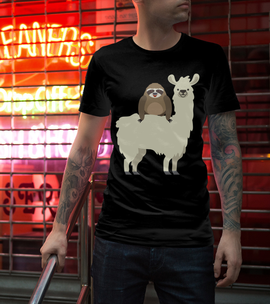 Cute Funny Sloth On Llama T-Shirt