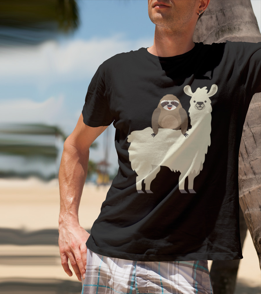Cute Funny Sloth On Llama T-Shirt