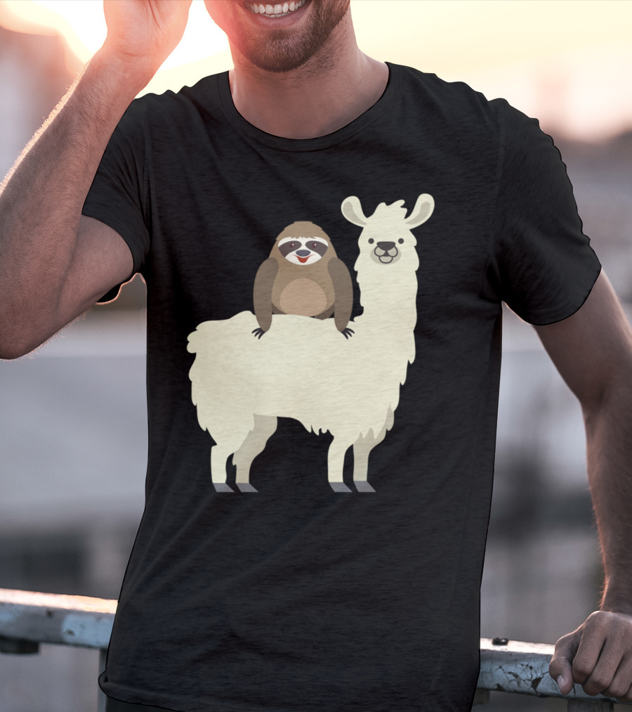 Cute Funny Sloth On Llama T-Shirt