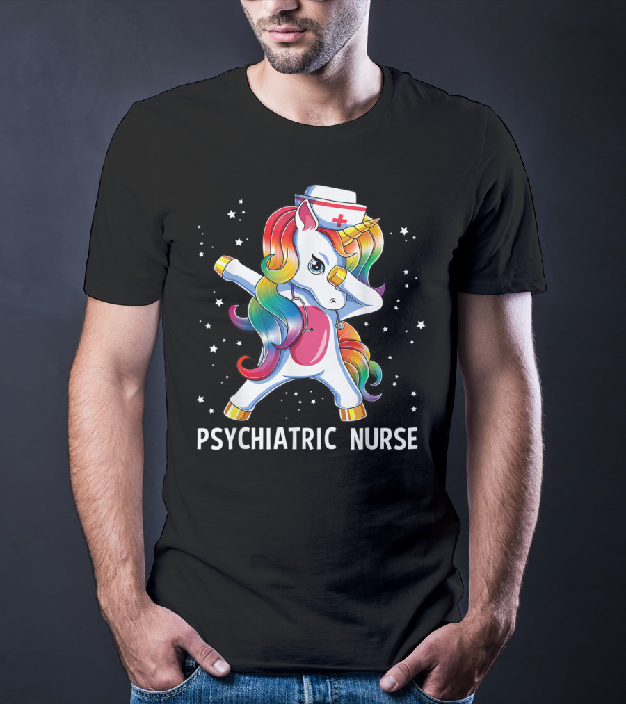 Dabbing Unicorn Rainbow Psychiatric Nurse With Nurse Hat And Stars T-Shirt