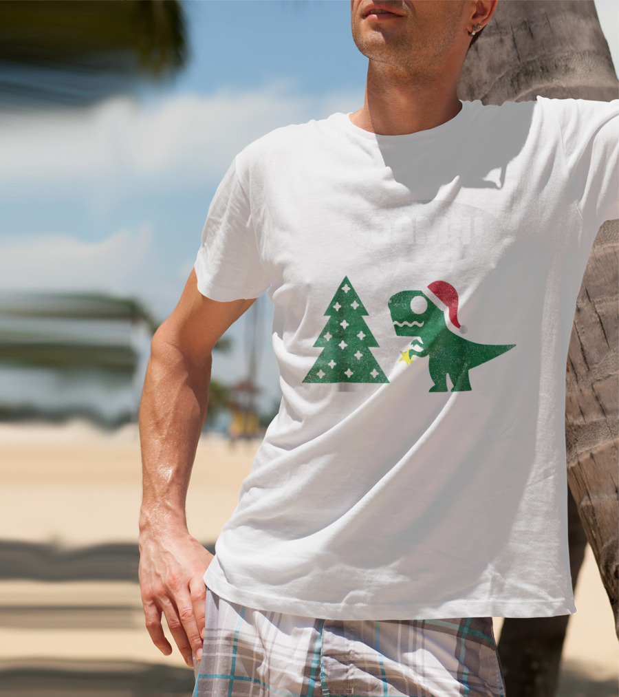 Damn Trex Hates Christmas Dinosaur Lover Funny Santa Dinosaur With Christmas Tree T-Shirt
