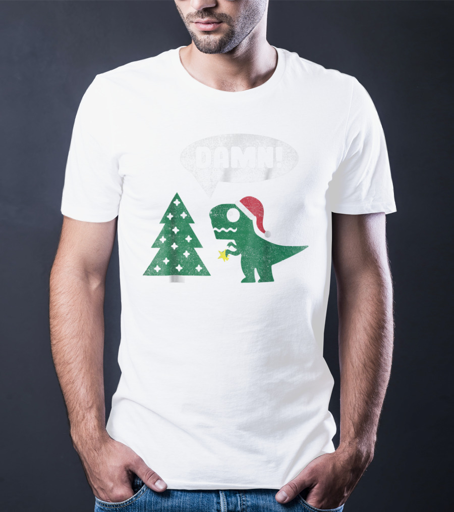 Damn Trex Hates Christmas Dinosaur Lover Funny Santa Dinosaur With Christmas Tree T-Shirt