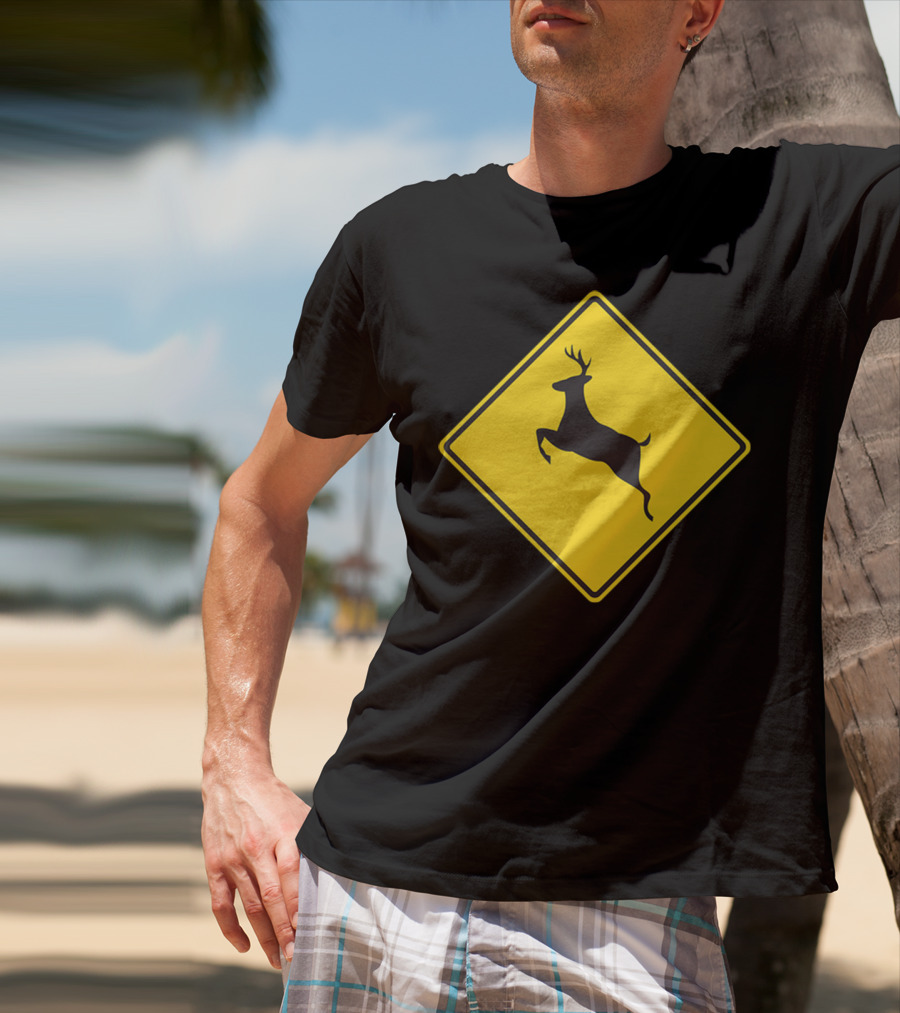 Yellow Deer Crossing Road Sign T-Shirt