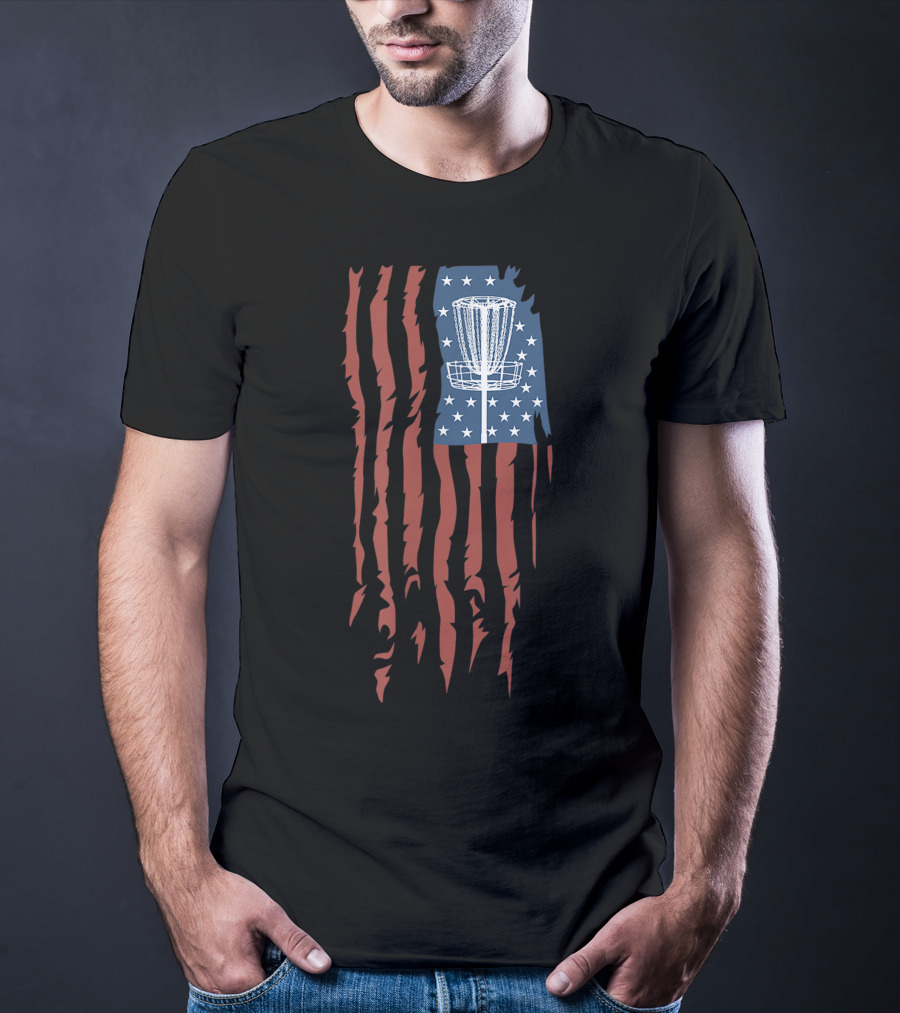 Disc Golf Basket American Flag Frisbee Sports USA T-Shirt