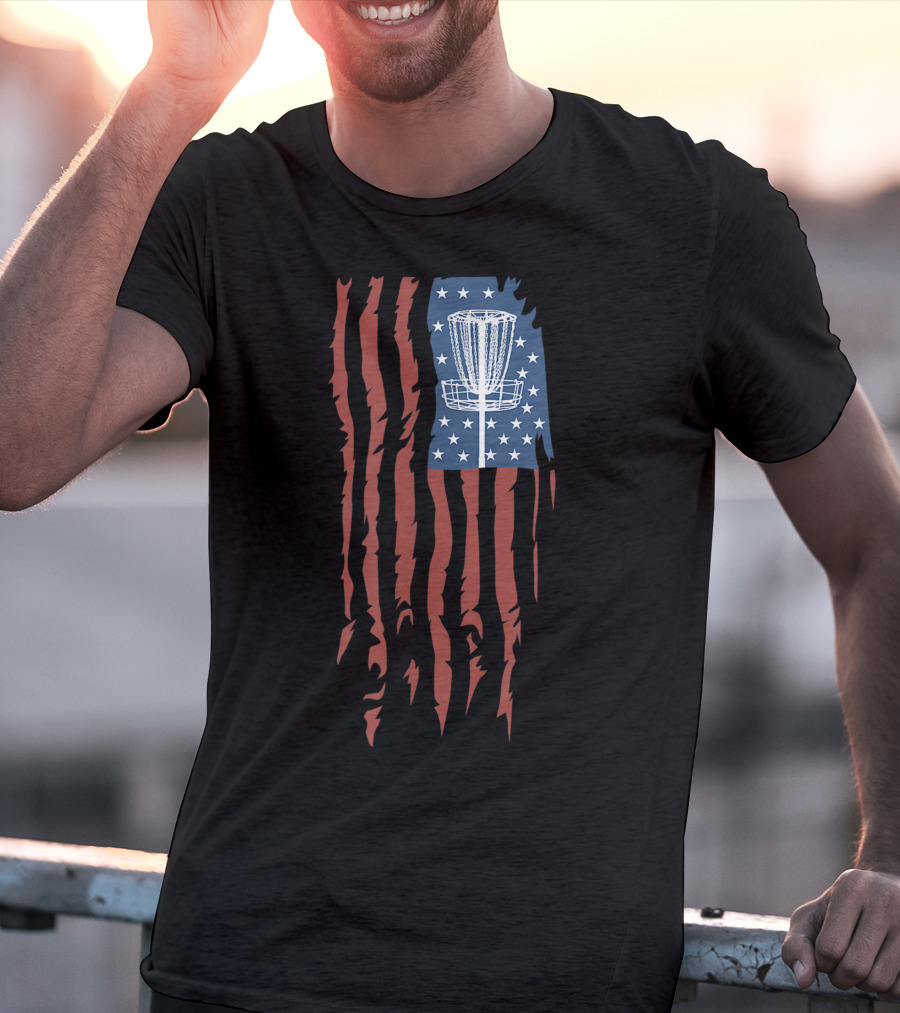 Disc Golf Basket American Flag Frisbee Sports USA T-Shirt