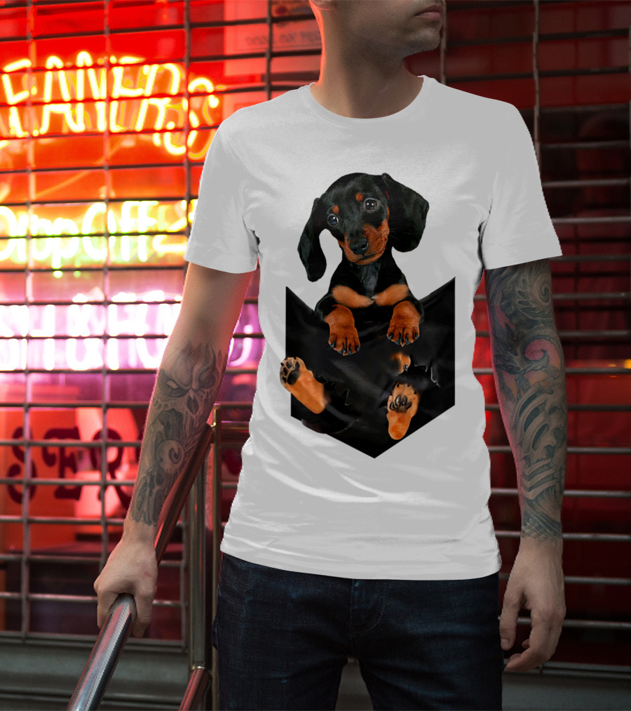 Doxie Dachshund Puppy Dog In Pocket T-Shirt